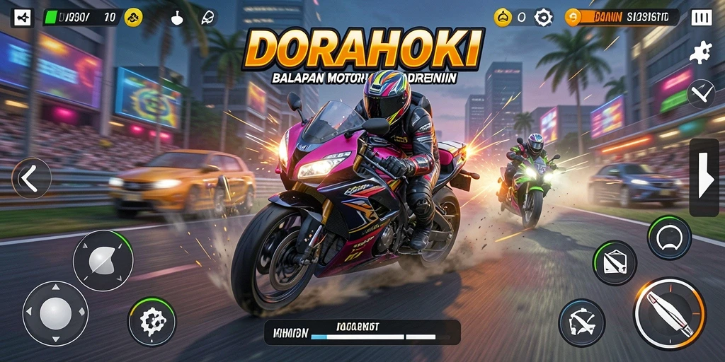 Tampilan gameplay DORAHOKI yang penuh adrenalin dalam balapan motor.