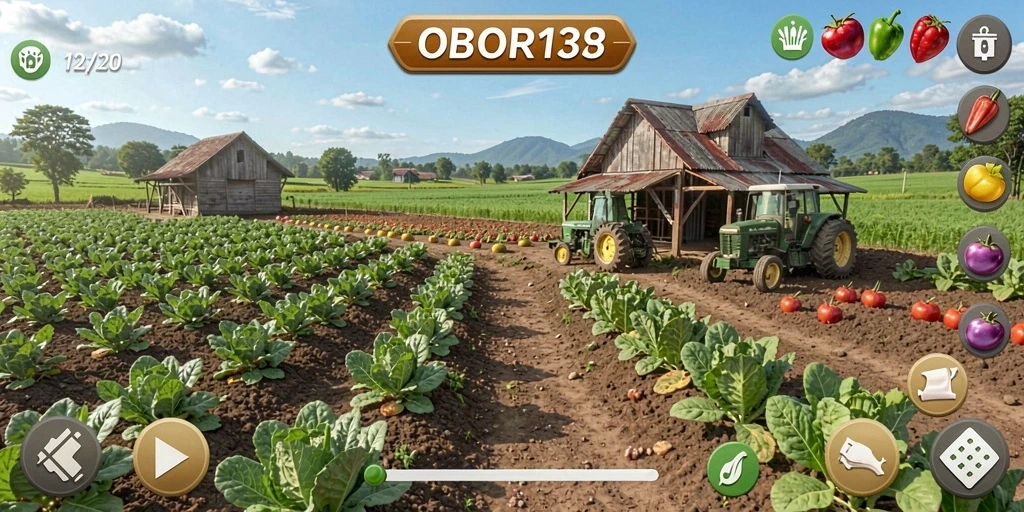 Tampilan dinamis gameplay OBOR138 yang menggambarkan aktivitas bertani.