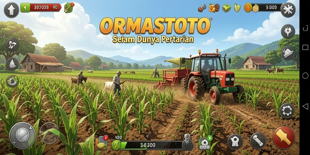 Tangkapan layar gameplay ORMASTOTO yang menunjukkan lahan pertanian yang subur.