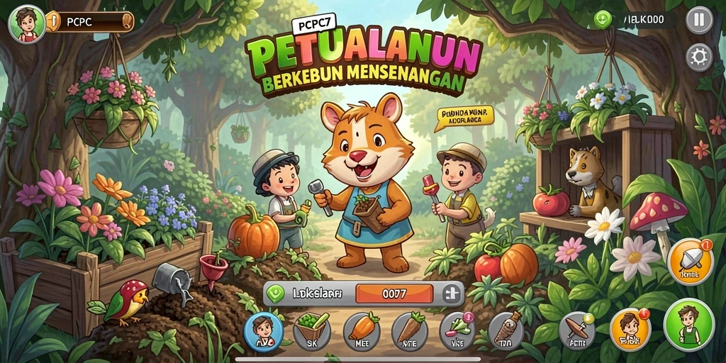 Tampilan gameplay PCPC7 dengan ladang subur dan hewan yang aktif.