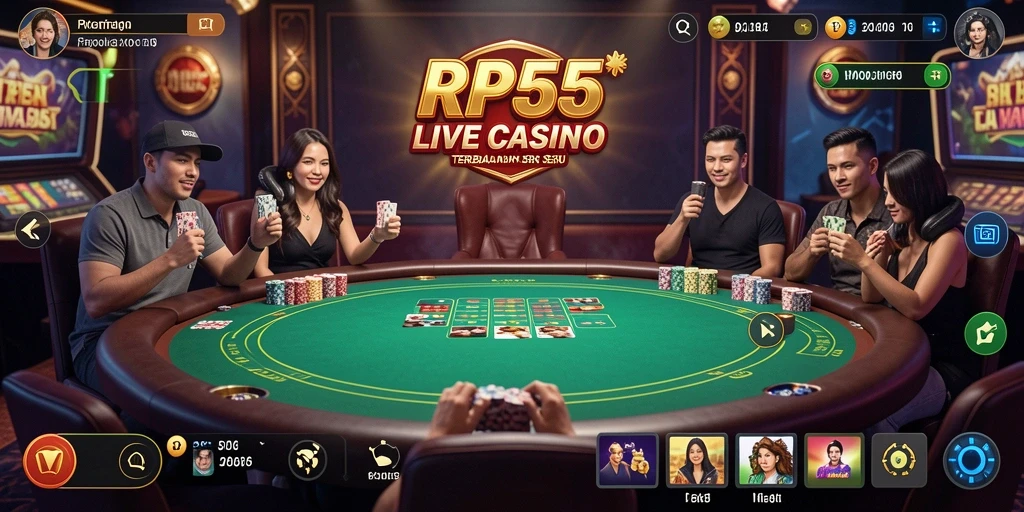 Screenshot RP55 menampilkan dealer profesional dan pemain berinteraksi di meja permainan.