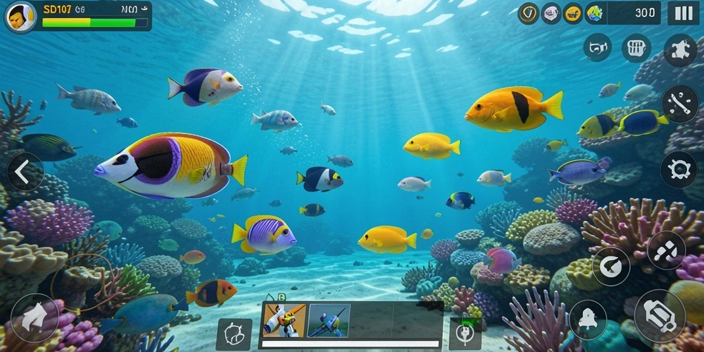 Screenshot menunjukkan aksi seru menangkap ikan dalam SD107.