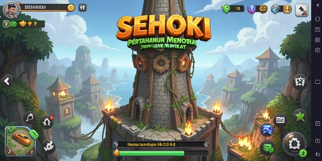 Screenshot gameplay SEHOKI menunjukkan menara pertahanan yang strategis melawan serbuan musuh.