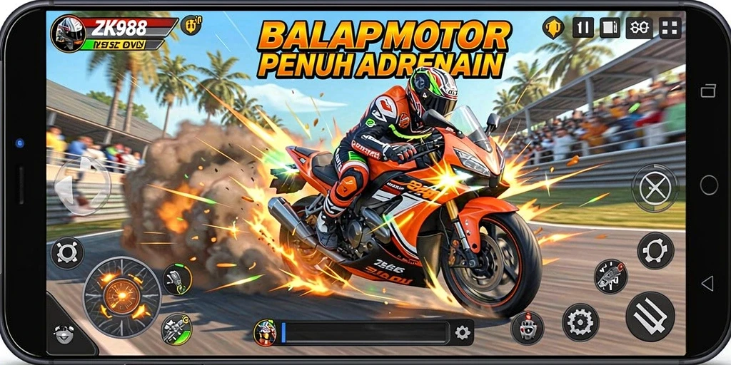 Tampilan gameplay seru di ZK988 dengan balap motor.